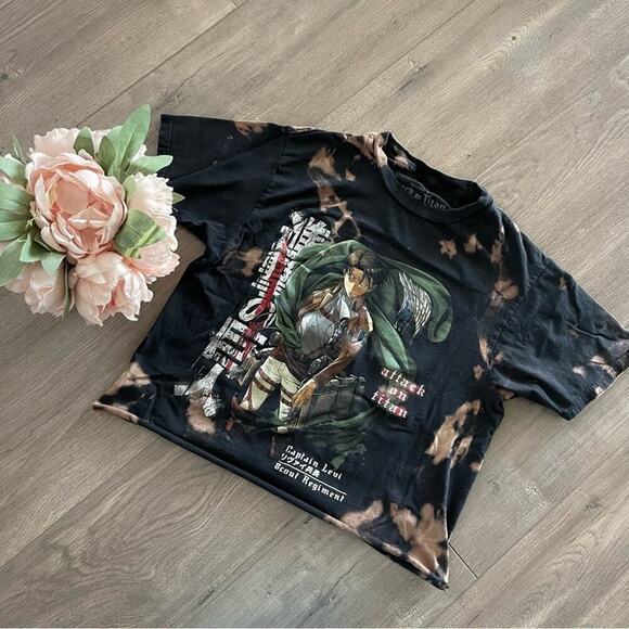 Dolls Kill Tops - Attack on Titan Captain Levi Black Upcycle‎ Bleach Dyed Cropped Top